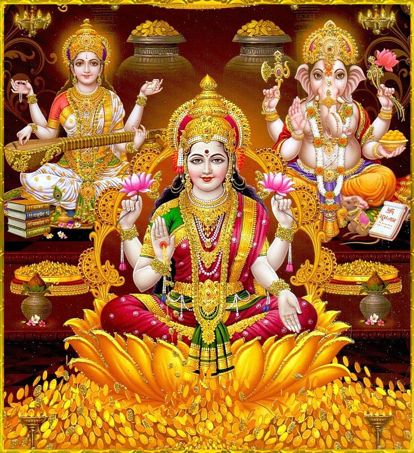 Shri Lakshmi Devi, Saraswati Devi, Ganesh ॐ, Varalakshmi Devi HD-Handy-Hintergrundbild