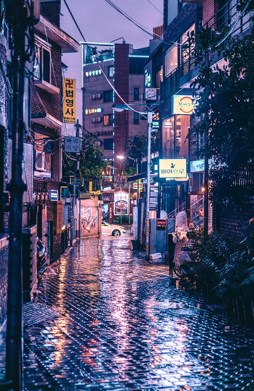 ITAP of a Rainy Alley in Seoul, aesthetic blue korea wallpaper ponsel HD