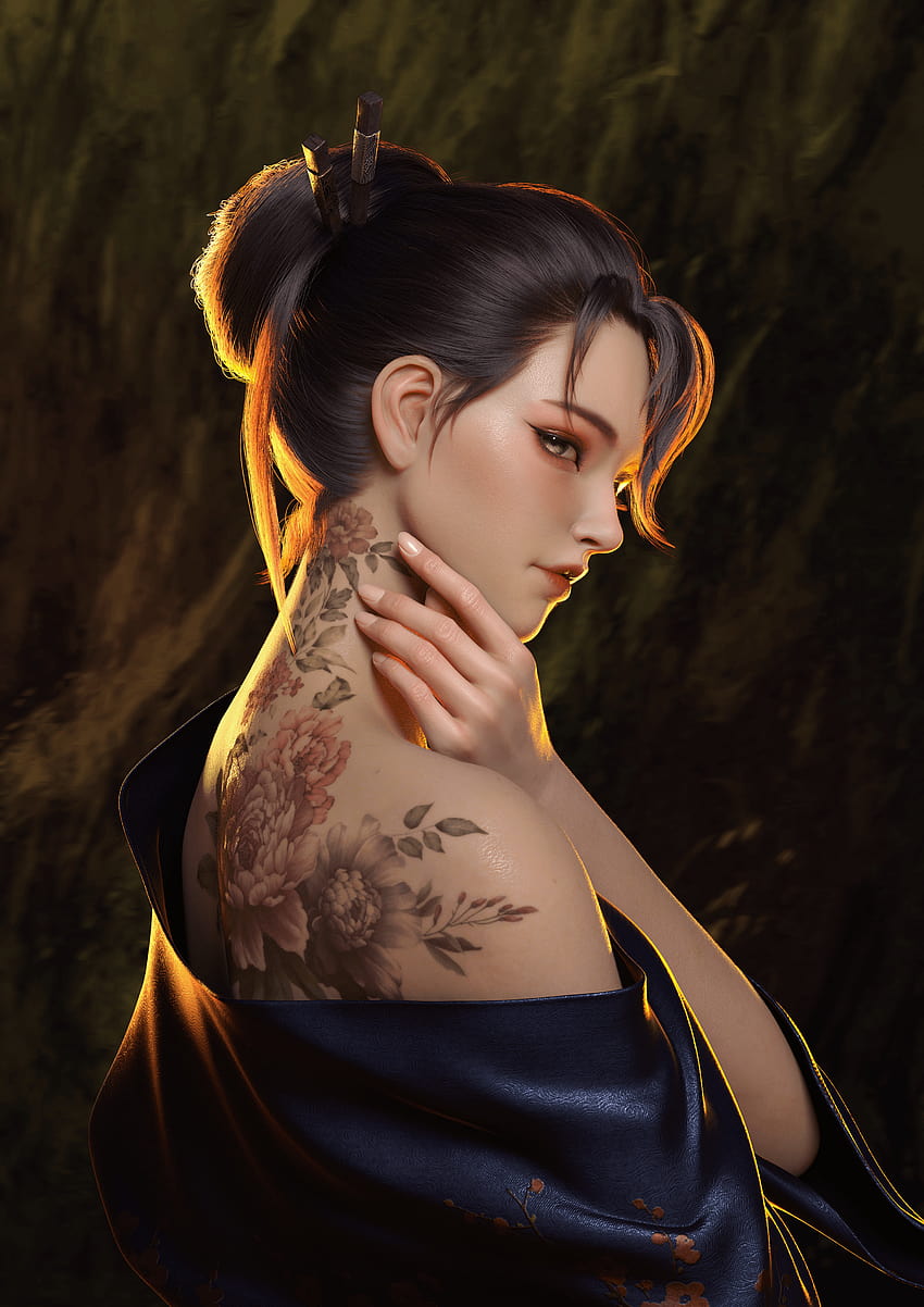 : samurai, women, tattoo, ArtStation, brunette, robes, digital art, hand on neck, artwork, looking back 3000x4241, sumurai women HD phone wallpaper