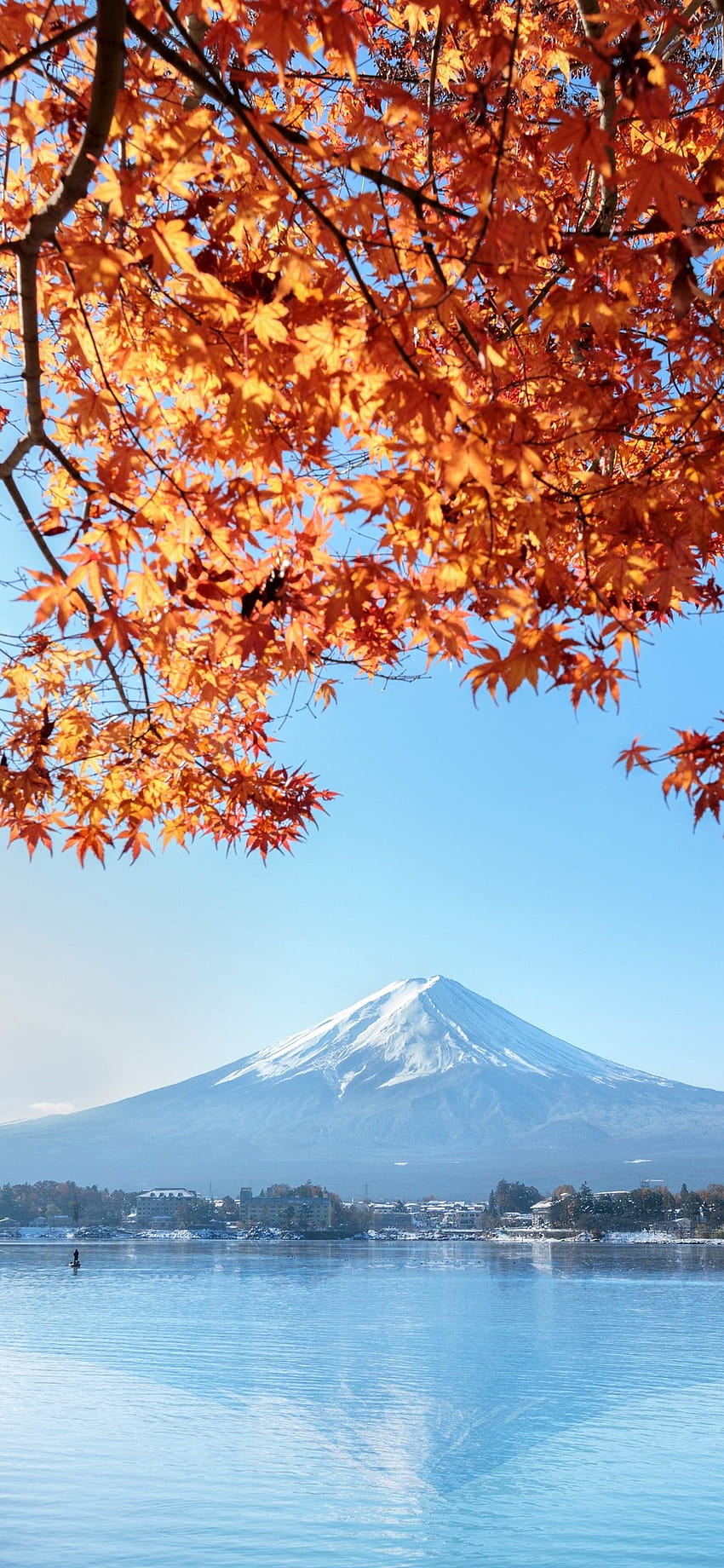Fuji Mountain, red maple leaves, lake, autumn, Japan 1242x2688 iPhone 11 Pro/XS Max , background, japan lake autumn HD phone wallpaper