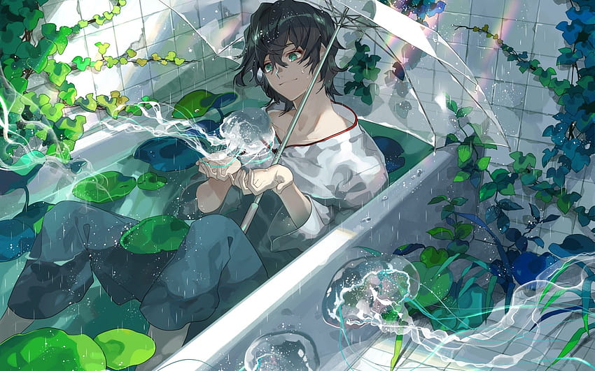 2560x1600 Anime-Junge, Badewanne, grüne Blätter, Qualle, Anime-Typ grün HD-Hintergrundbild