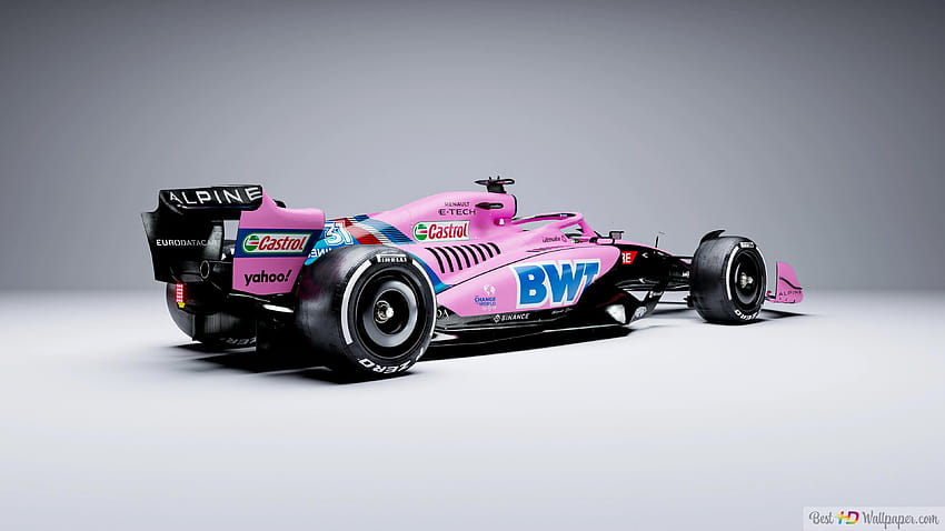 Alpine A522 Formula 1 2022 coche nuevo color rosa vista trasera y lateral, alpine 2022 fondo de pantalla
