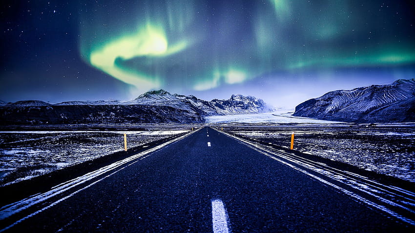 Aurora borealis, northern lights, highway, road, winter , , background, b20d35, winter aurora HD wallpaper