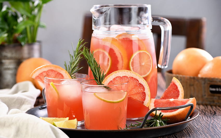 grapefruit juice, glass jug with juice, citrus juice, grapefruits, citruses, juice with resolution 1920x1200. High Quality, juice glass HD wallpaper