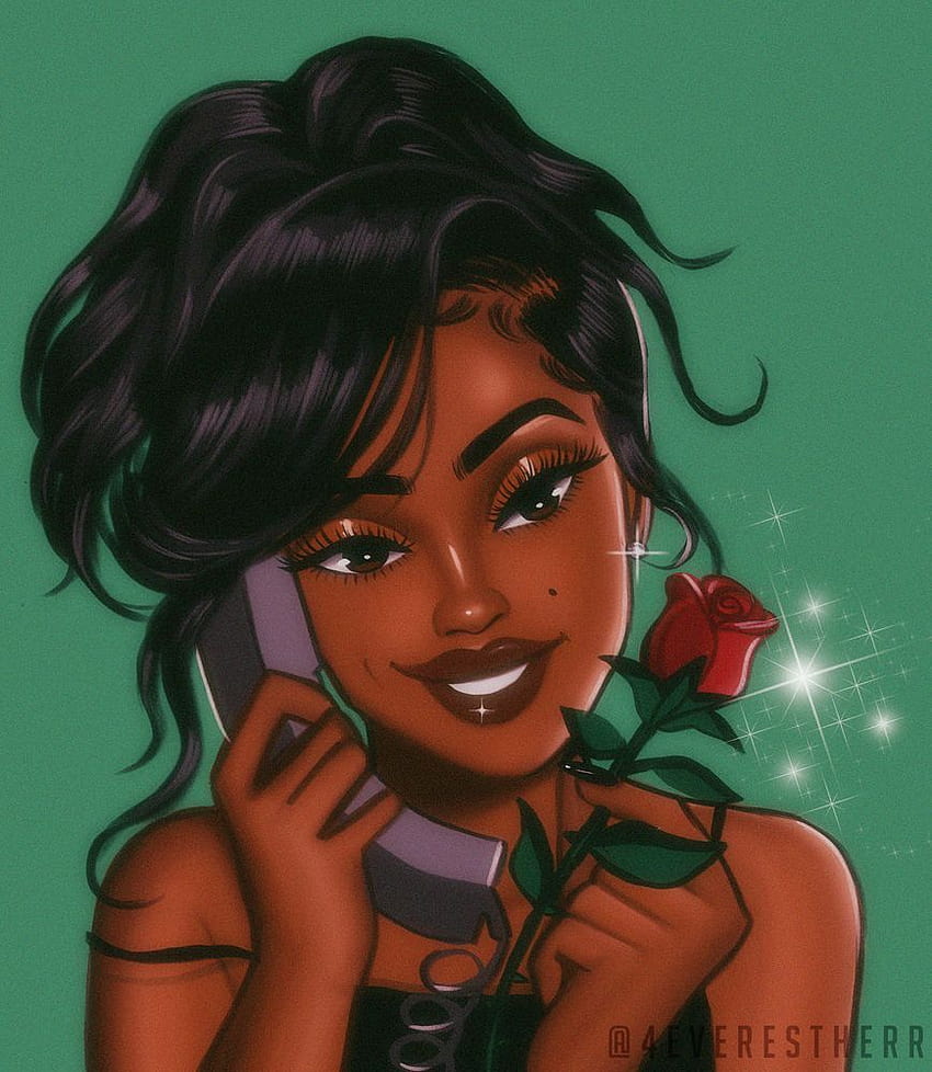 4everestherr의 로맨틱 콜 아트 프린트, 아프리카계 미국인 만화 소녀 HD 전화 배경 화면