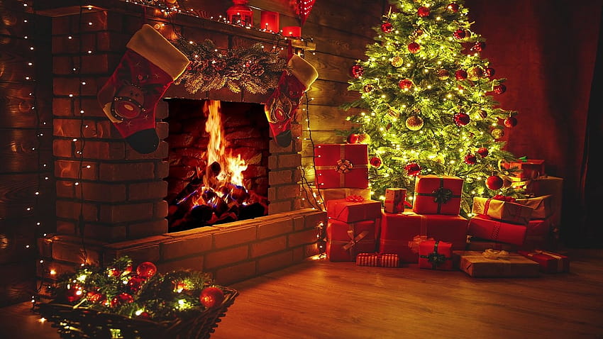 Chimenea navideña con hermosa música navideña, escenas navideñas en la chimenea fondo de pantalla