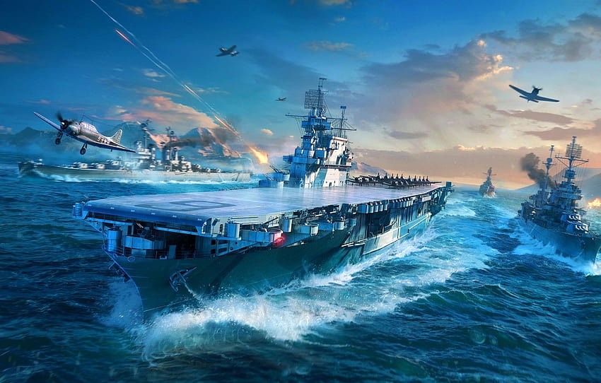 L'oceano, il mare, il gioco, l'aereo, la nave, le navi, il vettore, il carro armato, l'aereo, il gioco di guerra, il mondo delle navi da guerra, la nave da guerra, sezione игры, nave da guerra Sfondo HD
