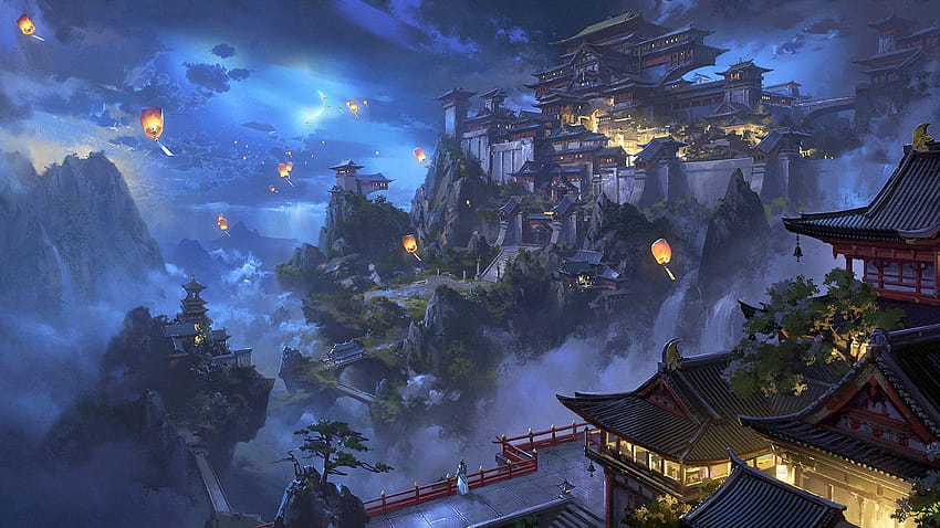 Paesaggio cinese, città, montagne, alberi, lanterne, retrò, pittura ad acquerello 1920x1080 Completo, paesaggio cinese Sfondo HD