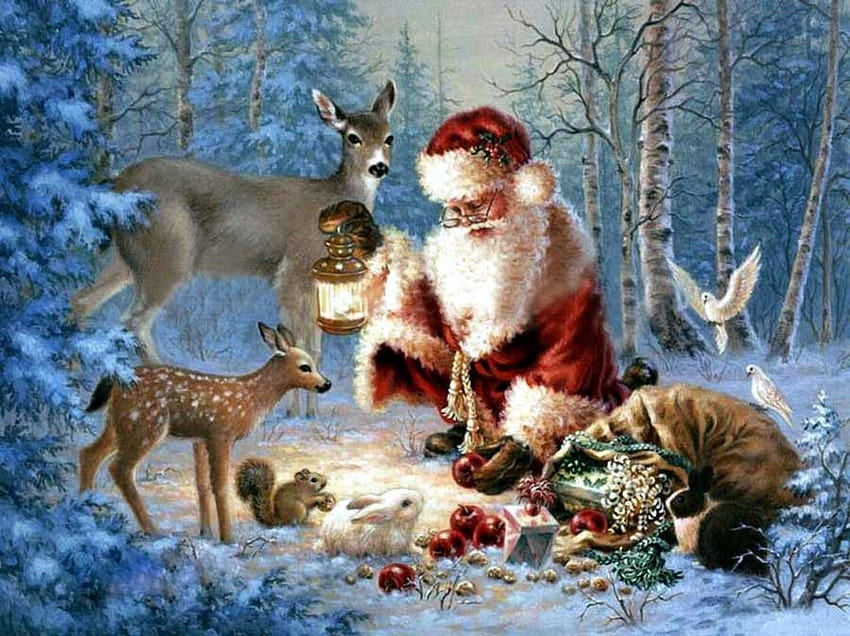 Hirsche und Rentiere Weihnachten, Weihnachtsnachtwald HD-Hintergrundbild