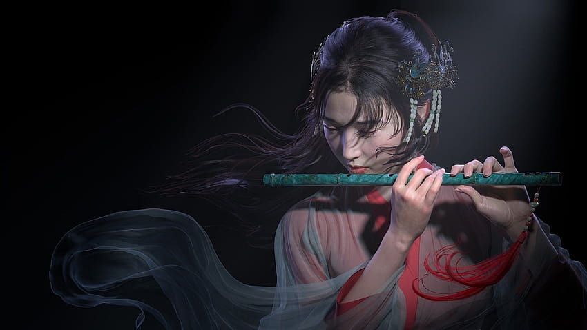 Woman Playing the Flute, girl and flute HD wallpaper
