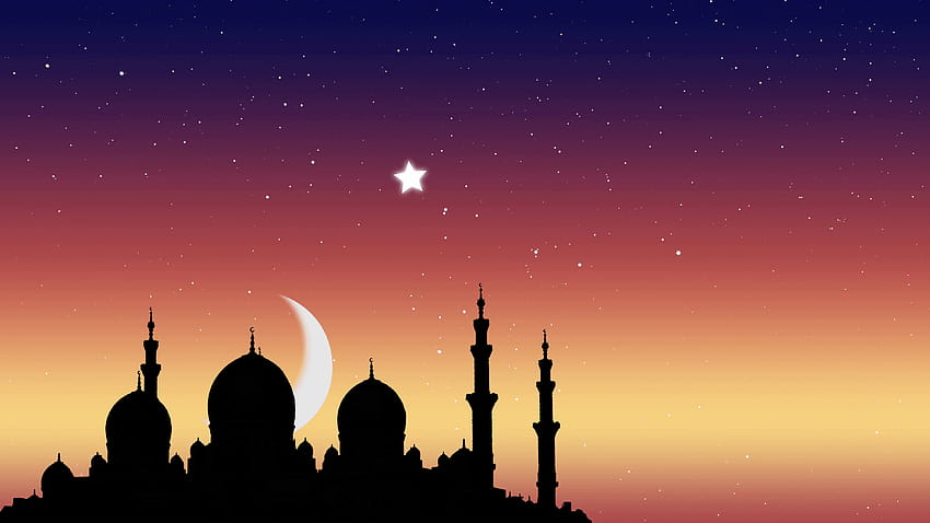 Ramadan Kareem islamskie pochodzenie. Wschód księżyca nad meczetem i meczetowym tłem Tapeta HD