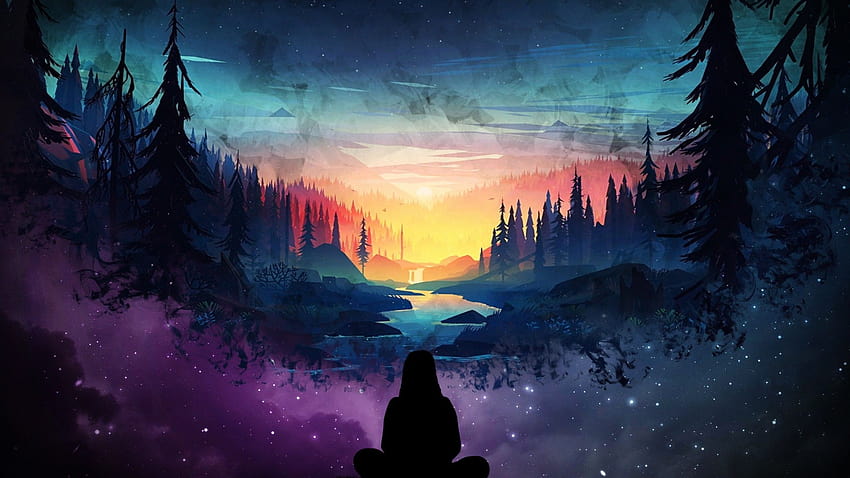 2560x1440 River, Girl, Silhouette, Forest, Scenic, Stars, Two Dimensions, Digital Art for iMac 27 inch, forest art HD wallpaper