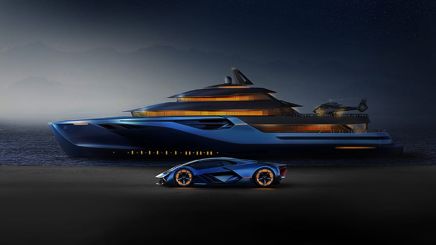 Niebieskie Lamborghini, jacht, helikopter Tapeta HD