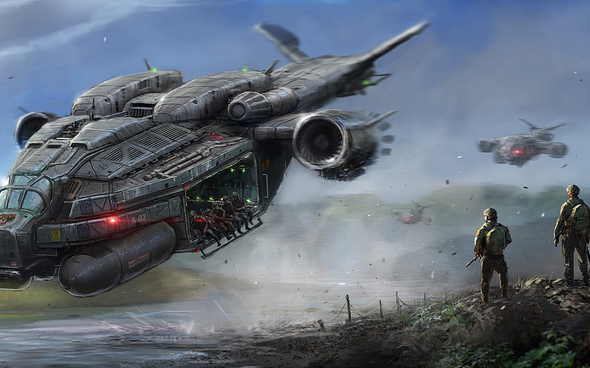 : digital art, futuristic, aircraft, tank, science fiction, military, air force, aviation, helicopter, screenshot, atmosphere of earth, combat vehicle 2560x1600, futuristic aircraft HD wallpaper
