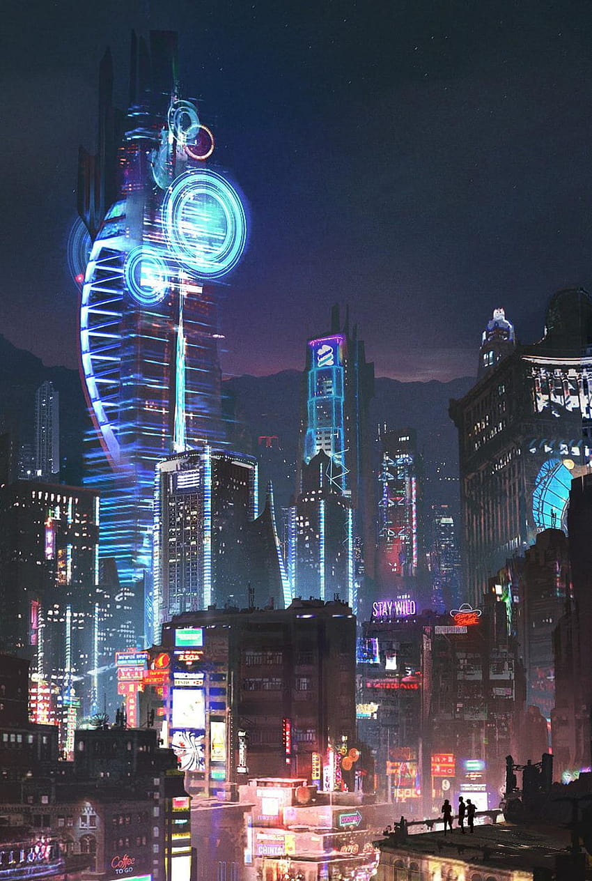 Ilustración de ciudad futurista, ciencia ficción, cyberpunk, fantasía, ciberteléfono fondo de pantalla del teléfono