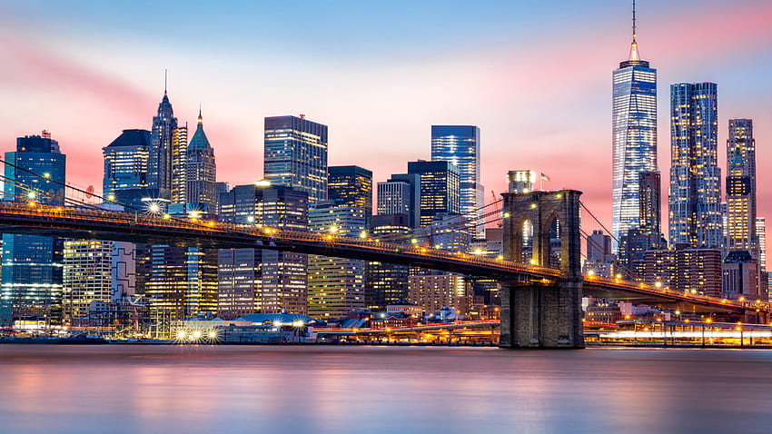 Quartiere finanziario di Manhattan e ponte di Brooklyn al tramonto Brooklyn Stati Uniti Il meglio : 13, nyc Sfondo HD