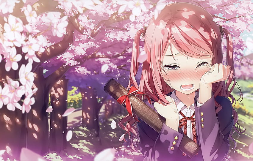 spring, petals, blush, schoolgirl, pink hair, two tails, diploma, the cherry blossoms, tears of happiness, by Kantoku , section сёдзё, aesthetic spring girl HD wallpaper