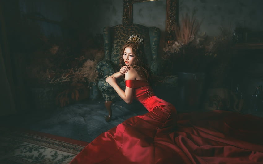 Red dress Asian girl in the room 1920x1200 , red dressed girl HD wallpaper