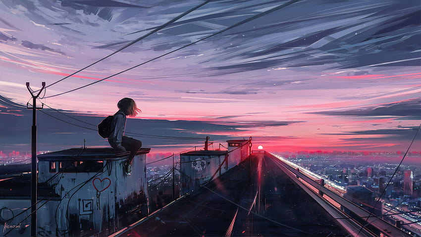 anime rooftop city HD wallpaper