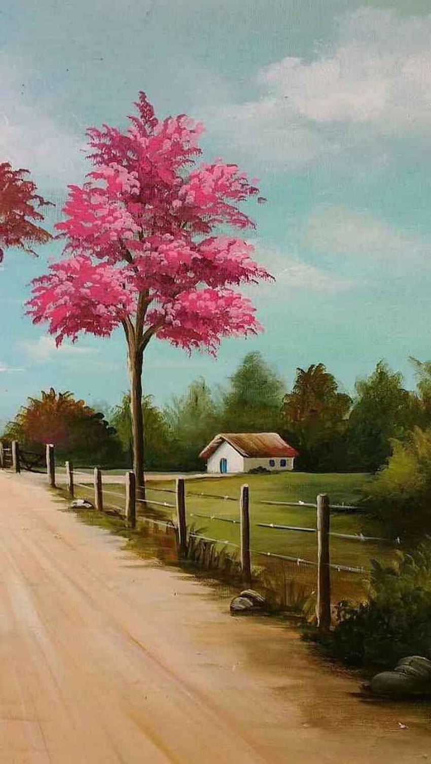 Frühlingshintergründe, kleines Haus, Gemälde einer ländlichen Landschaft, rosa blühender Baum, weiter …, einfaches Sommergemälde HD-Handy-Hintergrundbild