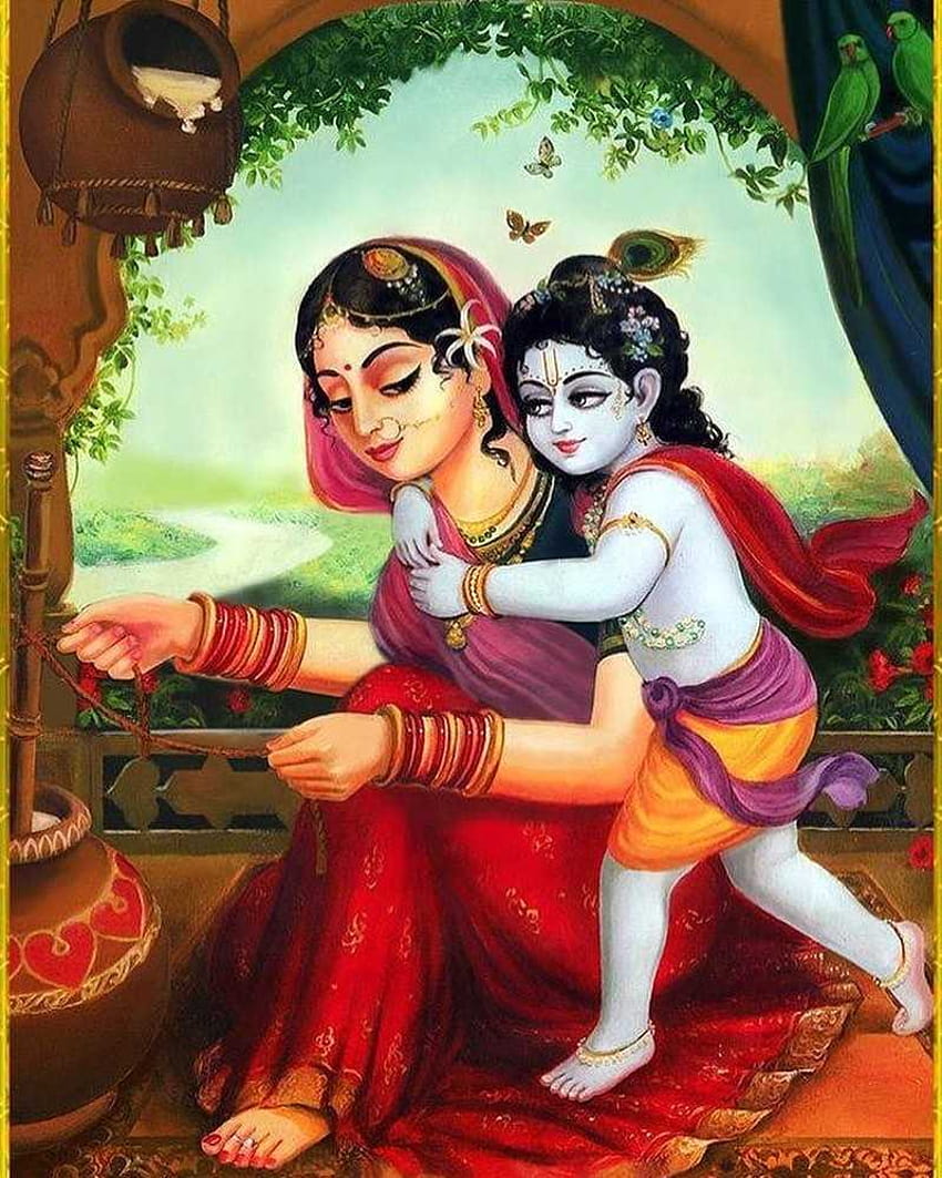 Pequeno Krishna brincando com Mãe Yashoda Papel de parede de celular HD