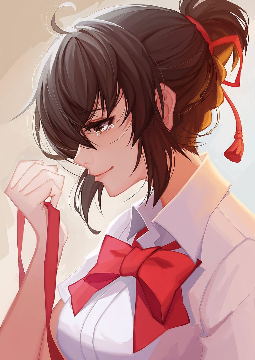 Anime-Frau mit weißem und rotem Oberteil mit tränenden Augen, Mitsuha miyamizu HD-Handy-Hintergrundbild