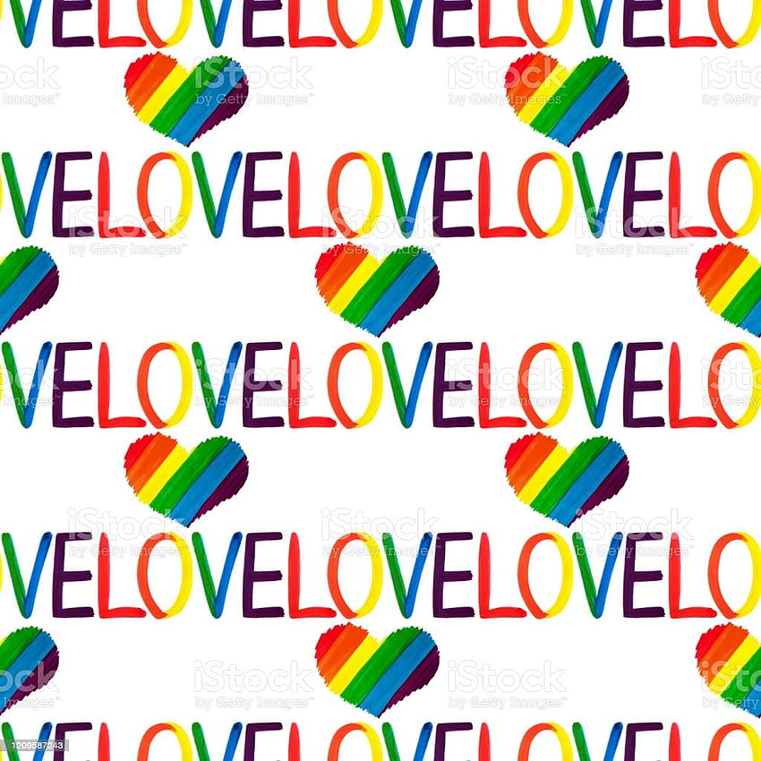 Безшевен модел на сърца ЛГБТ цветове на флага на дъгата и ръкописна дума Любов на бели фонове Изолирани ЛГБТК Повтарящ се орнамент Лесбийки гейове и т.н. Символ на любовта Знак на изкуството Модерен печат Илюстрация на склад, лесбийски символи HD тапет за телефон
