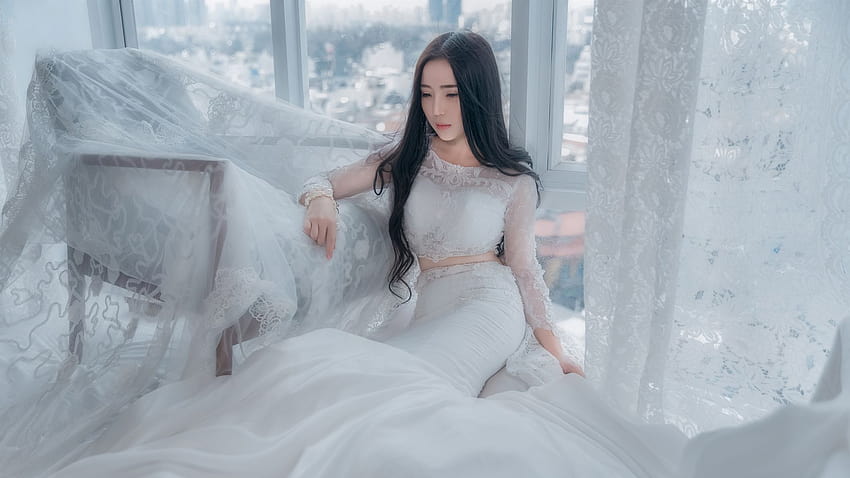 Mulher Noiva Mulher Modelo Menina Asiática Vestido Branco Vestido de Noiva Longo, vestido feminino papel de parede HD