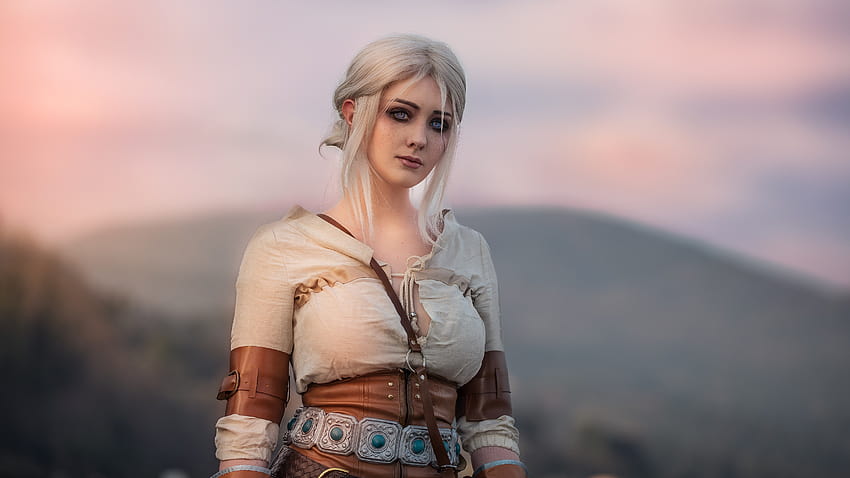 : Blue Snow, model, looking at viewer, portrait, depth of field, cosplay, Ciri, The Witcher, video game girls, video games, medieval, Cirilla Fiona Elen Riannon, white hair, shirt, corset, fantasy girl, medieval woman HD wallpaper