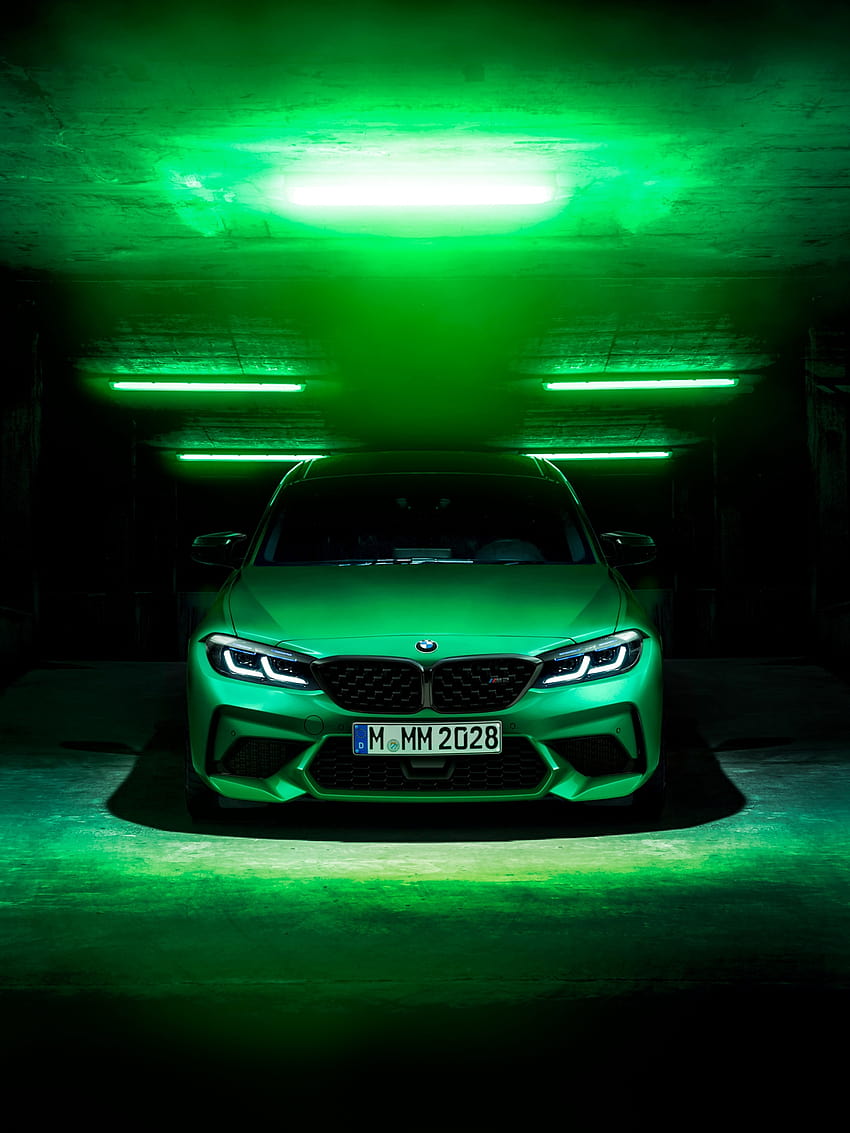 BMW M2 , Zielony, Ciemne tło, Samochody, neon bmw Tapeta na telefon HD