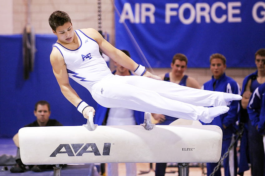 Male gymnasts from the air force on the pommel horse, man gymnastics HD wallpaper