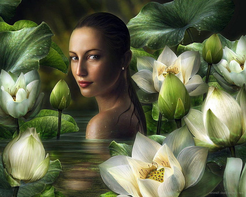 2883099 1280x1024 Fantasy art kwiaty lotosu lilie płatki kobiety, grafika Dziewczyna i kwiaty Tapeta HD