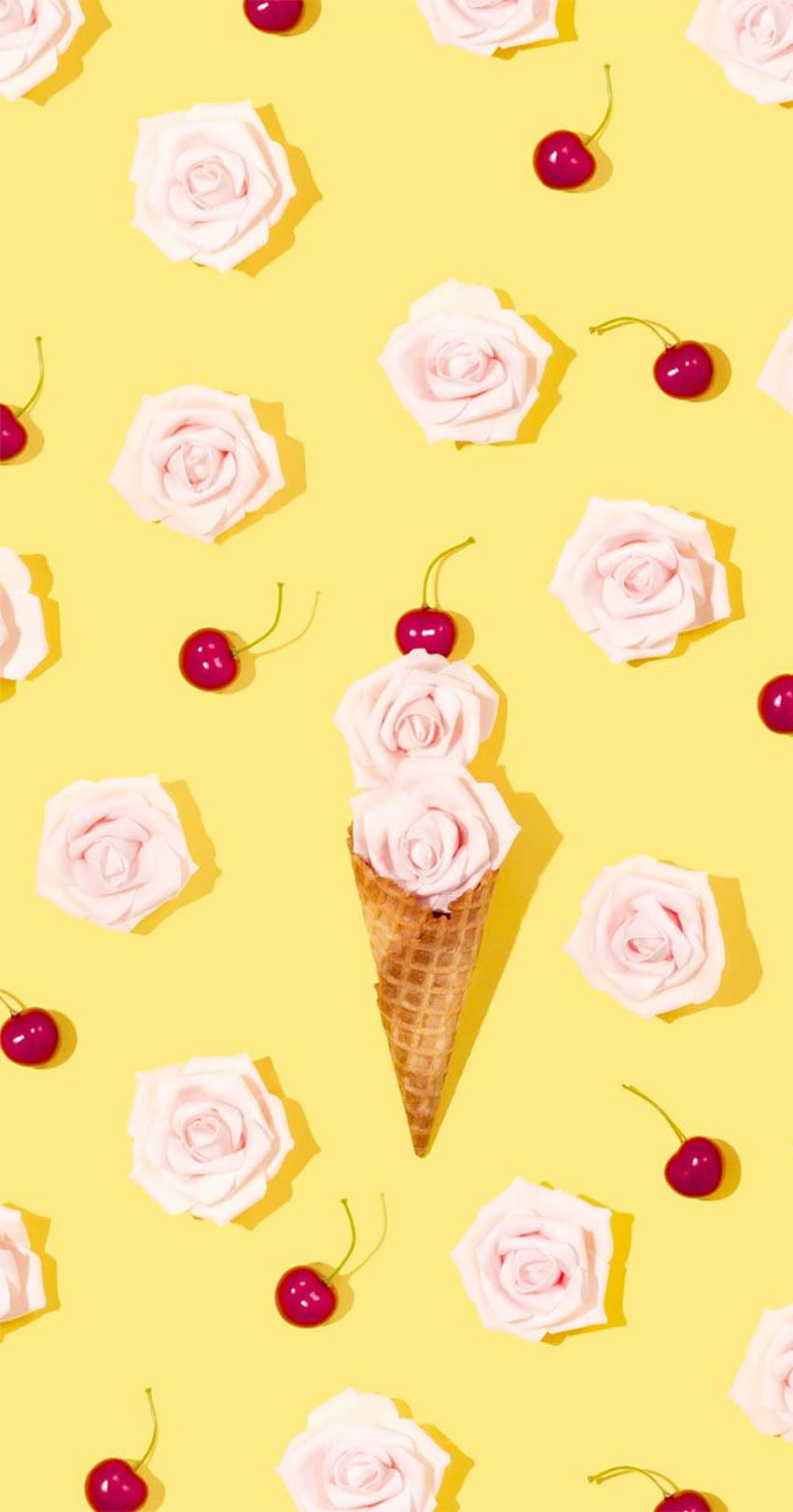 Ice cream cone and roses with cheerful yellow backgrounds, cream summer HD phone wallpaper