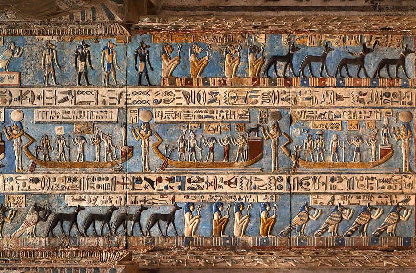 Egyptian art – Hieroglyphic carvings and paintings on the interior walls of an ancient Egyptian temple in Dendera. in 2021 HD wallpaper