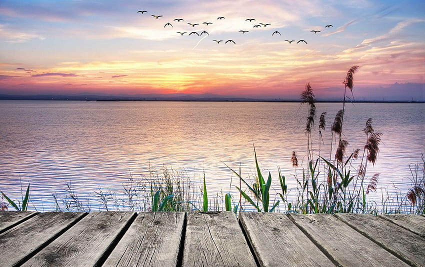 Lake View From Wooden Bridge, scenic sunset lakeview HD wallpaper
