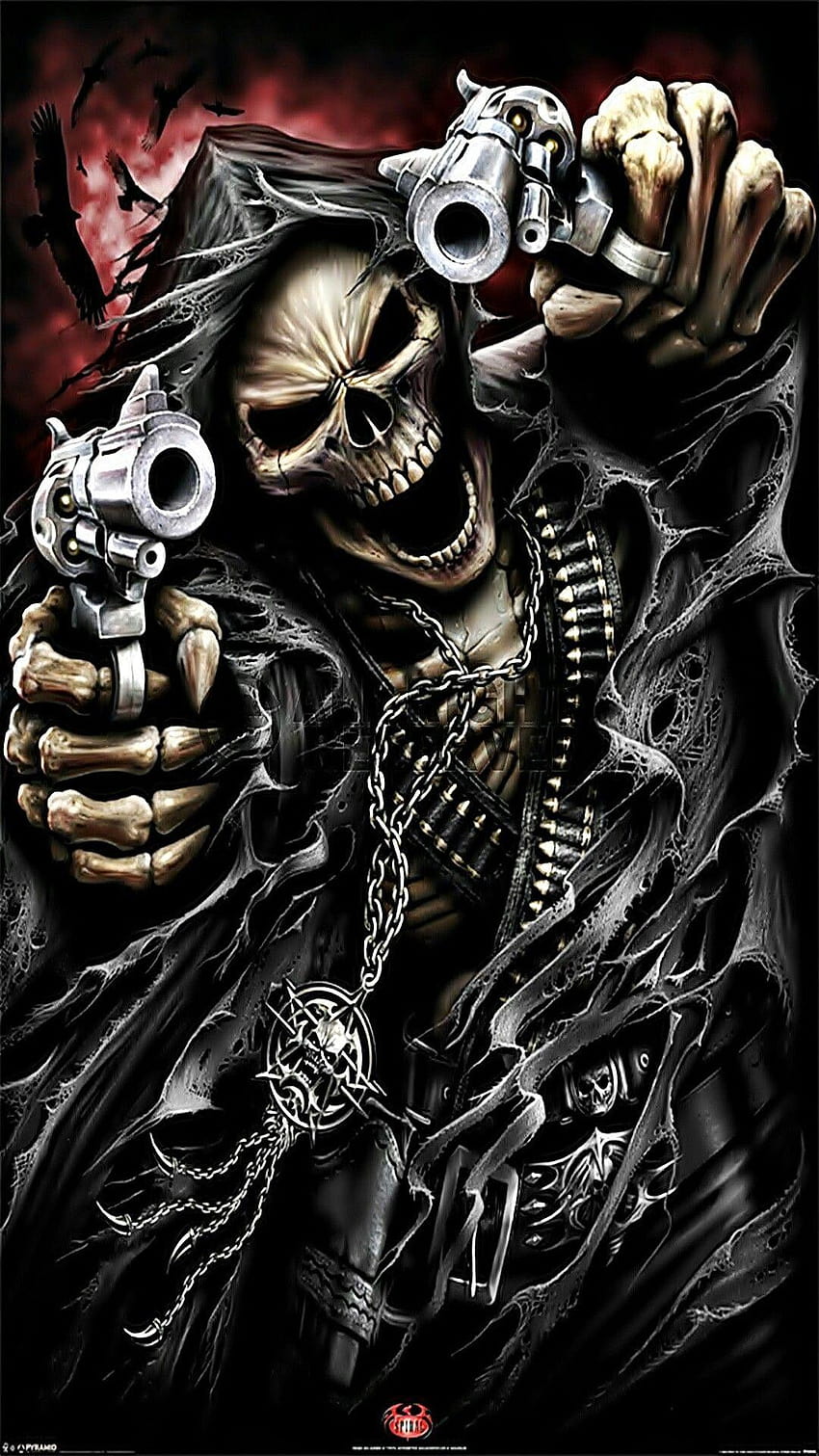 Esqueleto con pistolas, calaveras y pistolas. fondo de pantalla del teléfono