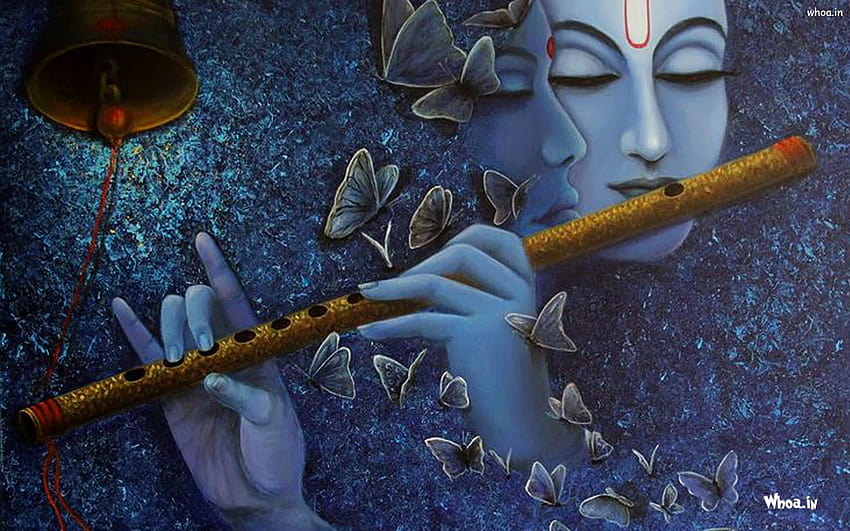 Бог Радхе Кришна свири на флейта Синя , черен кришна HD тапет