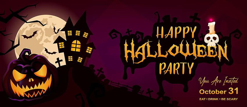 Happy halloween event flat banner vector template. Autumn holiday night party invitation card design layout. Scary, spooky cartoon backgrounds with pumpkin and lettering. Helloween horizontal poster 2934514 Vector Art at Vecteezy, halloween banner HD wallpaper