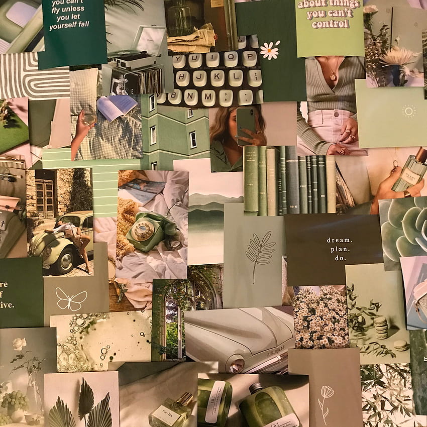 50 buah Sage Green Aesthetic Glossy Wall Collage Kit, kolase hijau sage gelap wallpaper ponsel HD