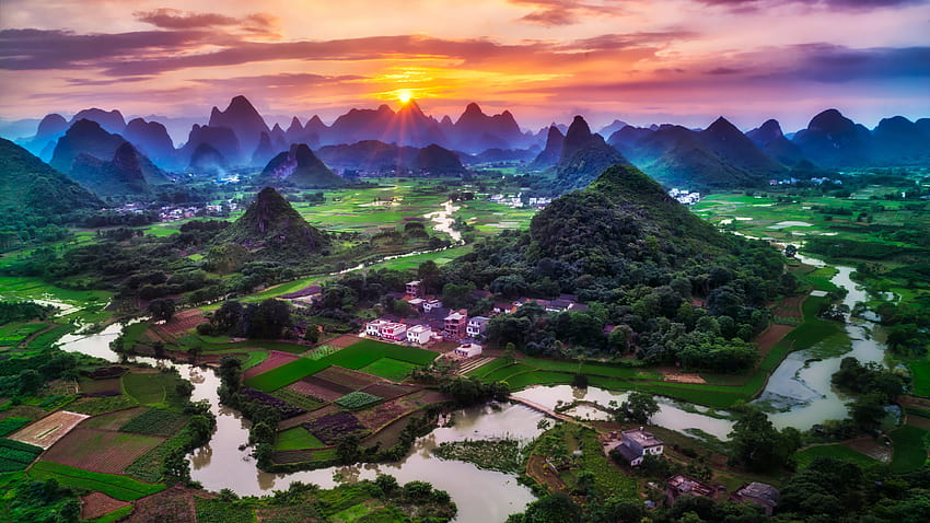 Guilin City , China, 日没, 綺麗な, 緑の野原, 村, 川, 山, 雲, 自然, green city 高画質の壁紙