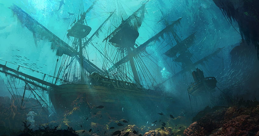 tonące statki, statek, rysunek, morze, sztuka fantasy / i mobilne tła, zatopiony statek Tapeta HD