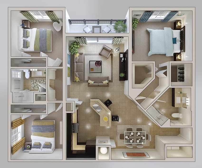 Wohnungs-/Hauspläne mit 3 Schlafzimmern, Grundriss HD-Hintergrundbild