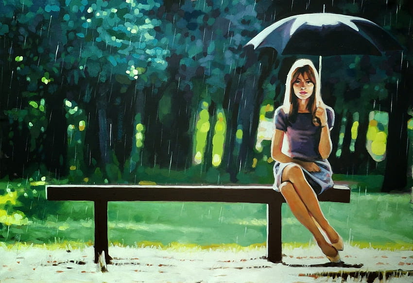 Woman sitting on bench with umbrella painting, girl and bench HD wallpaper