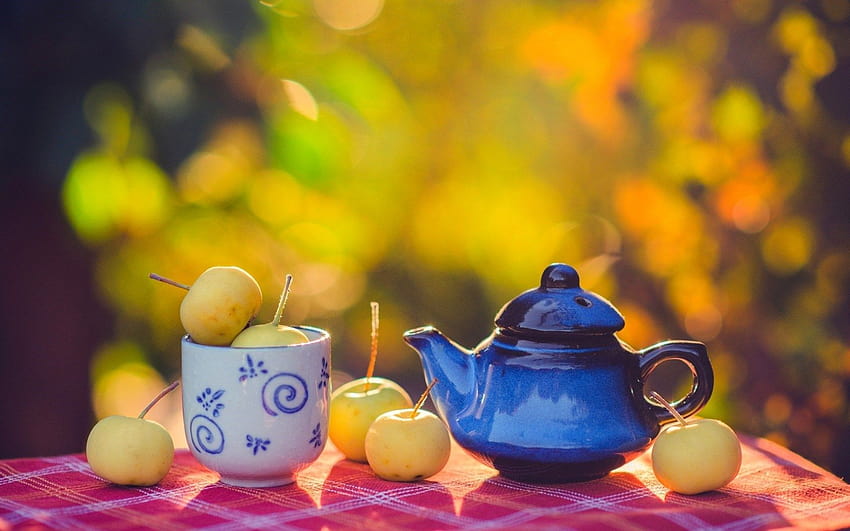 Ябълки Чаша Чайник Маса Есен, есенна чаша за чай HD тапет