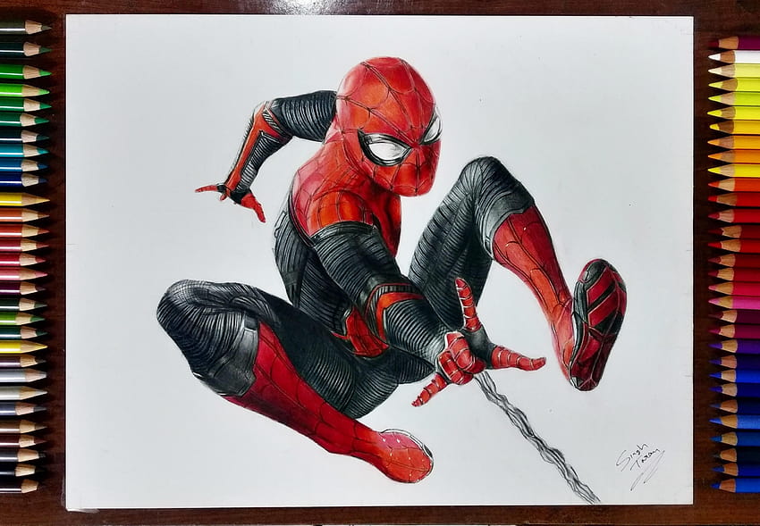 Traje de Spiderman Lejos de casa Dibujo con lápices de colores fondo de  pantalla | Pxfuel