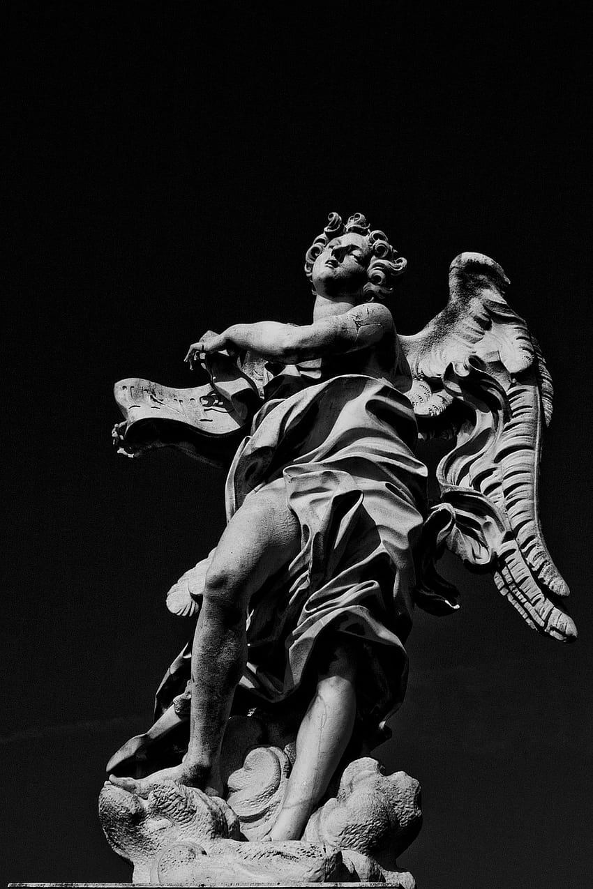 Estátua de anjo preto e branco Papel de parede de celular HD