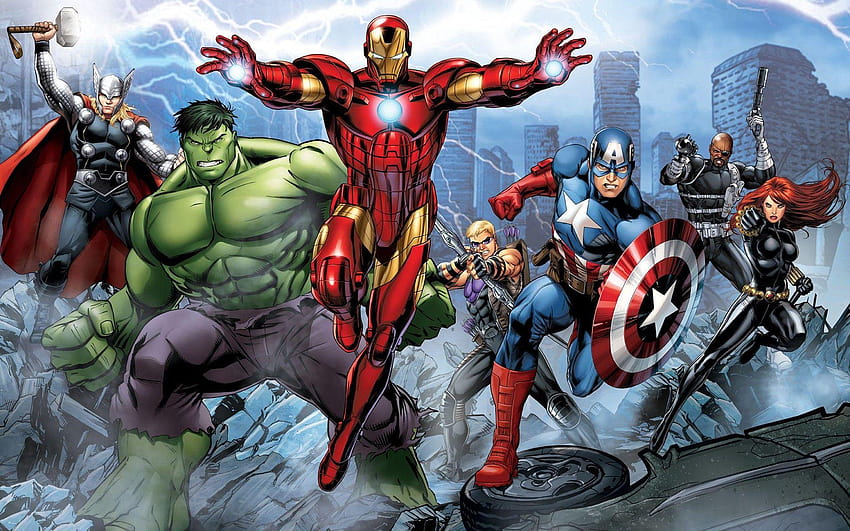 Hawkeye, Black Widow, lightning, Iron Man, Hulk, Captain America, avengers cartoon HD wallpaper