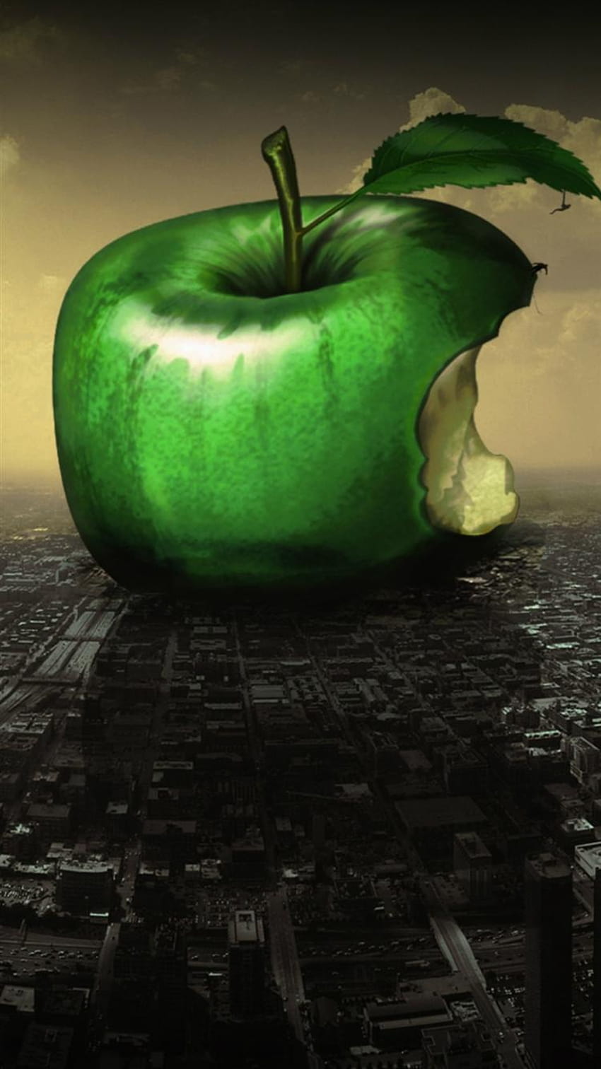 แอปเปิ้ลเขียวขนาดใหญ่กัด Fall City Art iPhone 8 แอปเปิ้ลเขียว iphone วอลล์เปเปอร์โทรศัพท์ HD