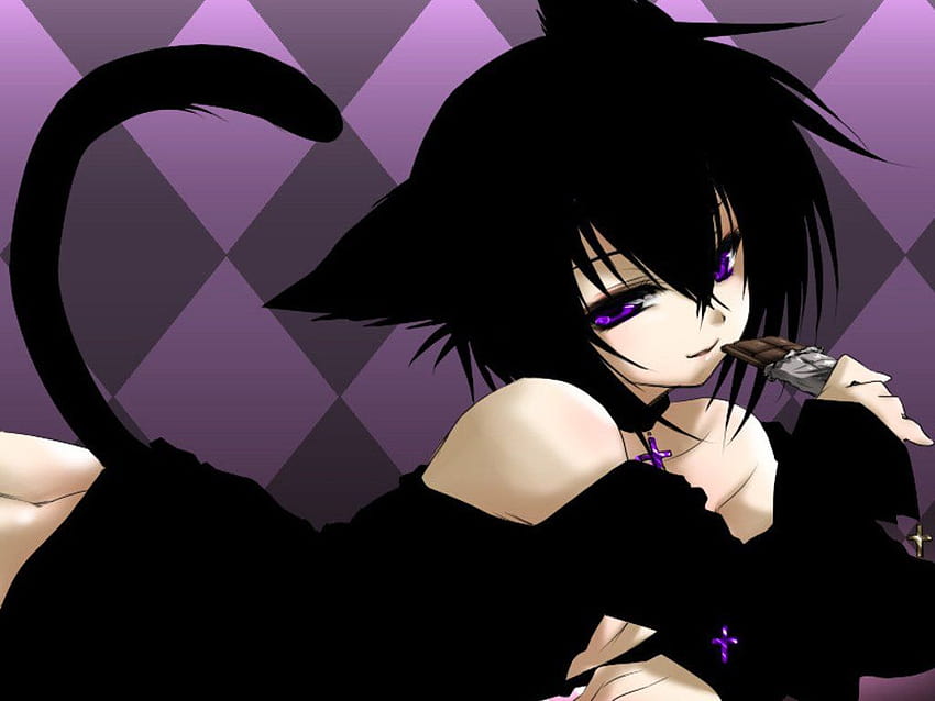 3 Сладко аниме Neko, kawaii момиче с черна котка HD тапет