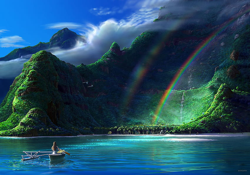 オリジナルアニマル 浜辺 鳥 船 茶髪 雲 加賀屋の風景 水にかかる虹 カスケード 高画質の壁紙